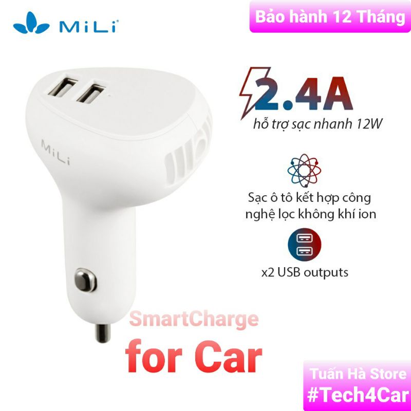 Tẩu sạc ô tô xe hơi Smart Air MiLi kết hợp công nghệ ion làm sạch không khí - HC-C39WE [Tech4Car]