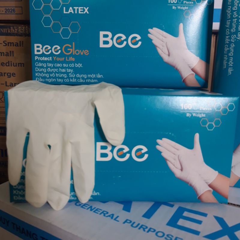 Hộp 100 Chiếc Găng Tay Cao Su Y Tế Bee Glove Latex Có Bột Màu Kem 6.0gr - Size S,M,L Dùng Trong Nha Khoa, Spa, Thẩm Mỹ X