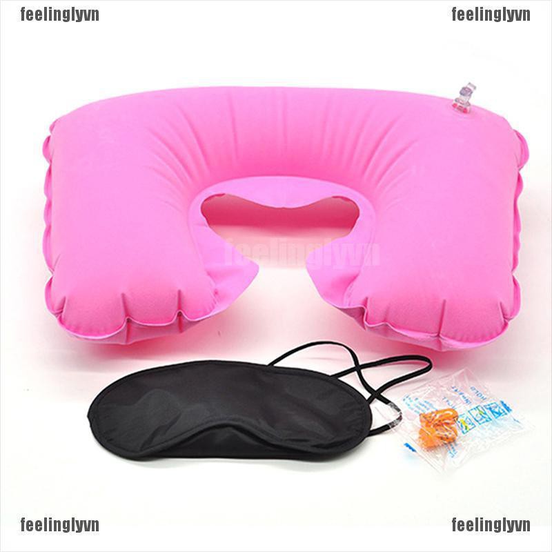 ❤TOP❤ Bơm hơi cổ Gối Air U Shape Gối Ngủ Head Đệm Eyemask Earplug Set ❤YO