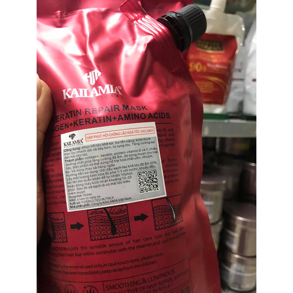 Kem ủ tóc, hấp tóc dưỡng phục hồi sâu tóc hư tổn Keratin Collagen Amino Acid Kailamia 500Ml - Mỹ phẩm tóc Hendi
