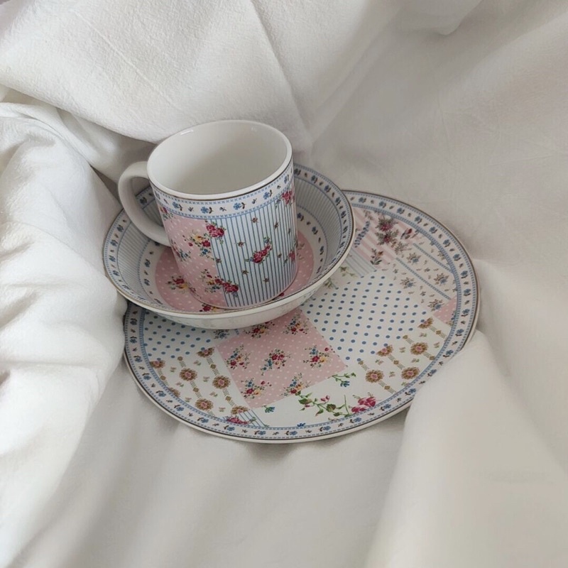 Set bát tách đĩa gốm hoạ tiết hoa vintage mix ô