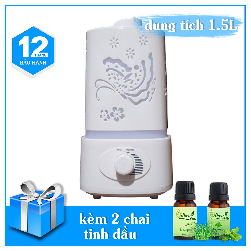 Máy phun sương tinh dầu hồ điệp vuông 1500ml kèm 2 chai tinh dầu 10ml