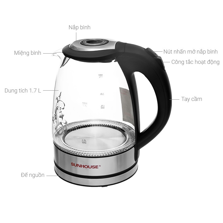 Bình đun nước siêu tốc bằng thủy tinh Sunhouse SHD1217 - Dung tích 1.7 lít - Công suất 1850W