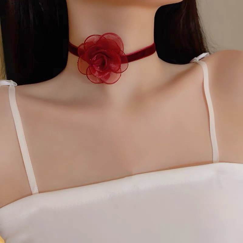 Vòng Cổ choker Vải Nhung Mặt Hoa Hồng Thời Trang Hàn Quốc
