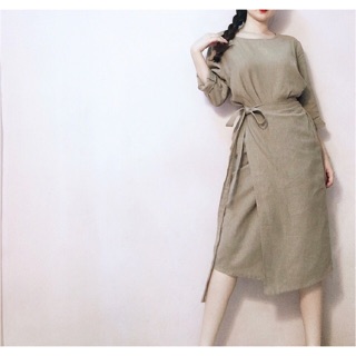 Đầm midi linen đắp vạt vintage