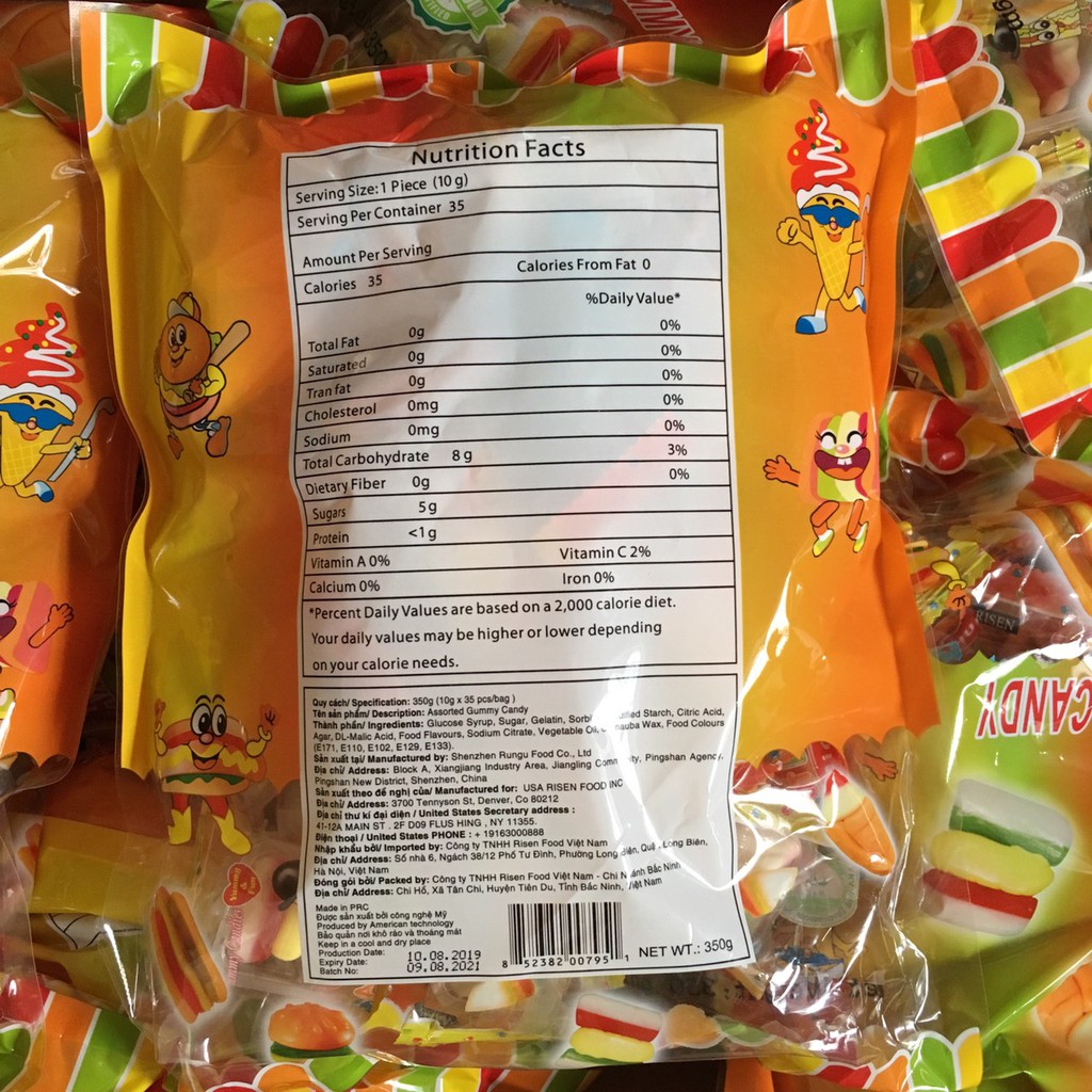 Kẹo dẻo hình fashfood Gummy Candy Risen Mỹ 350g cho bé ăn vặt ngon (hình hotdog, hamburger, kem ốc quế, Sandwich)