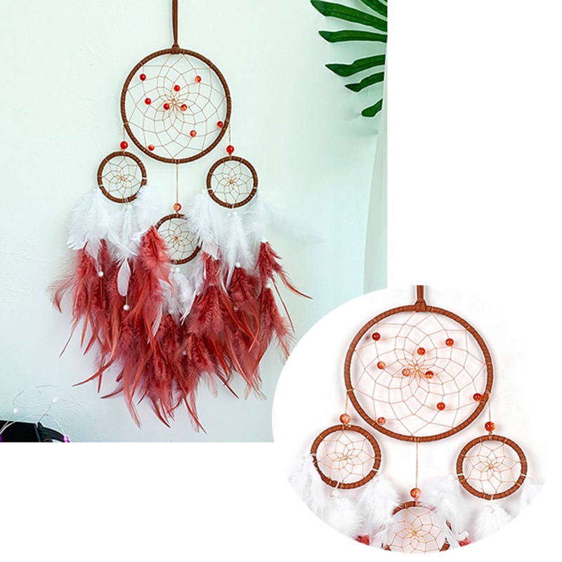 Đồ Treo Trang Trí Dreamcatcher Lông Vũ Lớn Màu Trắng - Đỏ Có Đèn Led Tặng Móc Dán