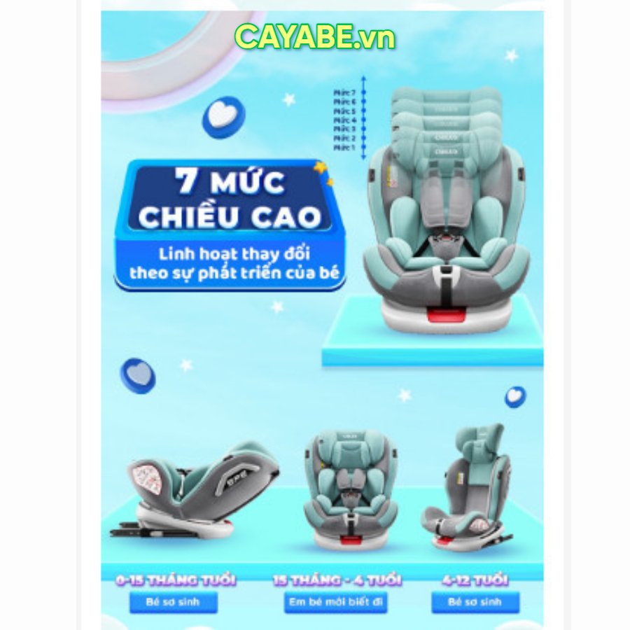 Ghế ngồi ô tô cho bé CHILUX ROY 360 chính hãng, an toàn màu xanh bọt biển - xanh mint - hồng (0-12 tuổi) - CAYABE
