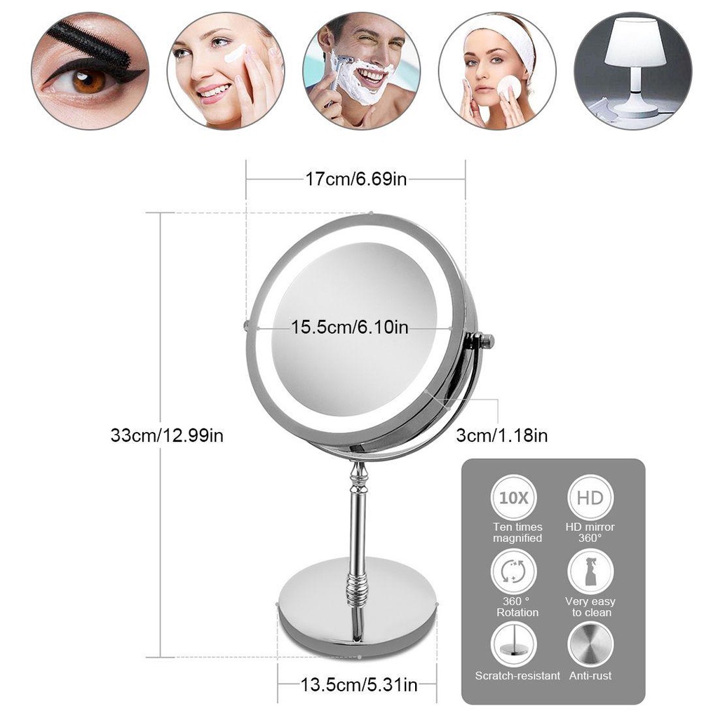 Gương Trang Điểm Phóng Đại 7 Inch 10 Lần Ánh Sáng Trắng Tự Nhiên Xoay 360 Độ Có Đèn LED