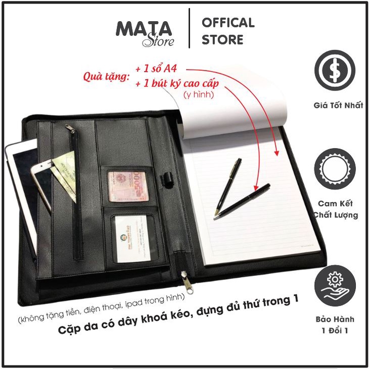 Cặp da bìa da màu đen CS.02 đa năng cao cấp xịn A4 kẹp hồ sơ tài liệu hợp đồng sale có dây khoá kéo MataStore