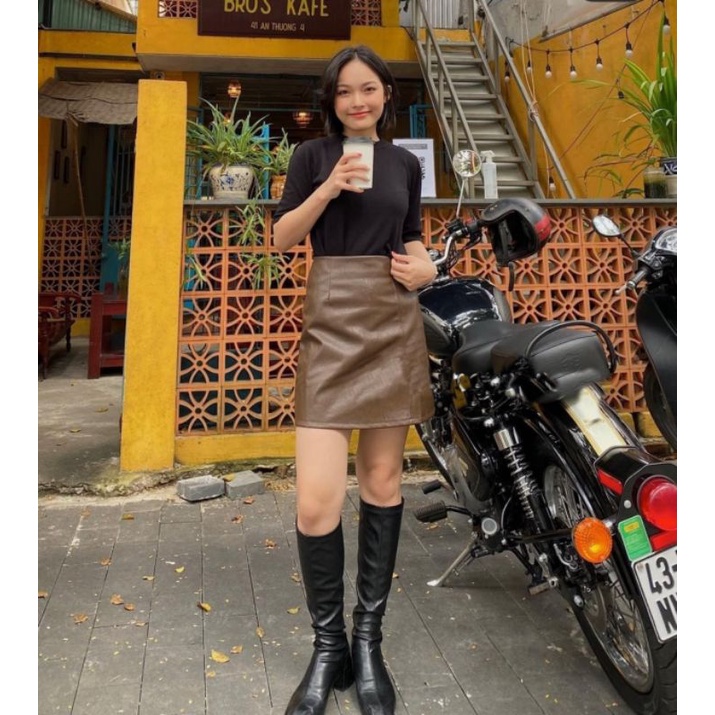 Chân Váy Da Pu Dáng Chữ A Lưng Cao Thiết Kế Đơn Giản