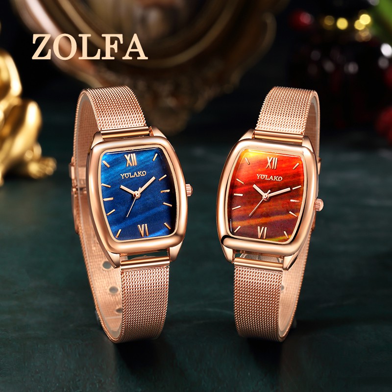 ZOLFA Fashion Rose Gold Women Mesh Belt Watches Elegant White Ladies Quartz Wrist Watch Dress Clocks Square Womens Analog Watches Đồng hồ nữ