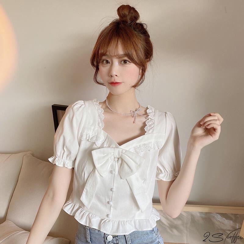 Áo Croptop tay ngắn cổ vuông có nơ phối bèo nhún dễ thương mã QD110