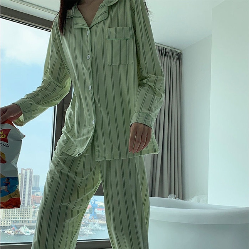 Đồ ngủ pijama bộ ngủ dài tay kẻ sọc xanh lá đồ mặc nhà hè thu đông Hàn Quốc ullzang