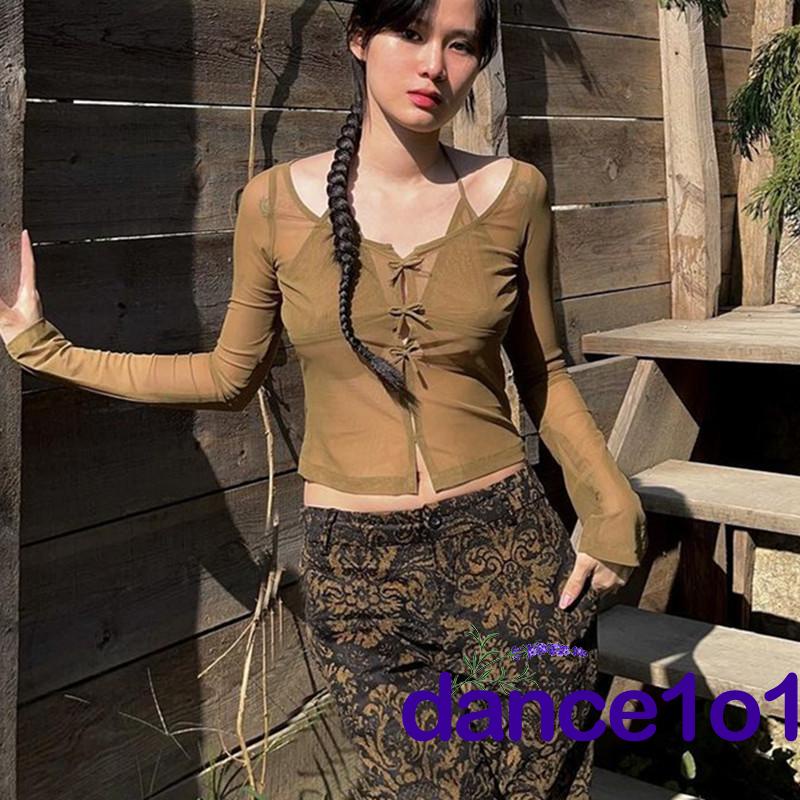 ◑If❀Áo Croptop Tay Dài Màu Sắc Thiết Kế Xuyên Thấu Quyến Rũ