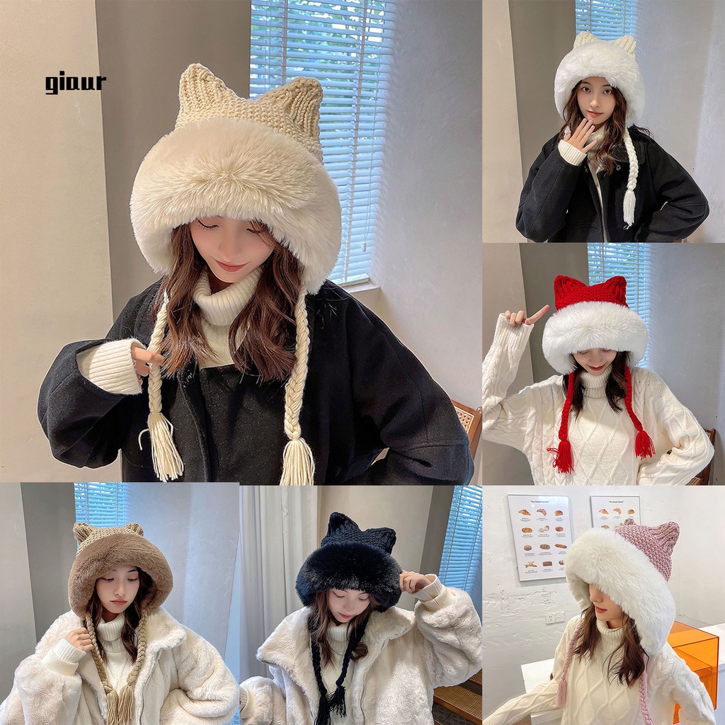 Mũ beanie dệt kim co giãn phối tai mèo dễ thương thời trang thu đông tùy chọn màu sắc
