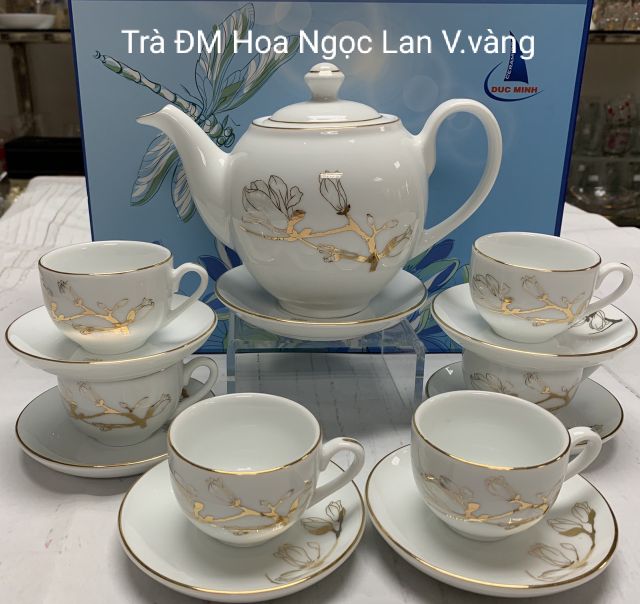 Bộ trà sứ viền vàng đậm, Bộ ấm chén sứ viền vàng 24K