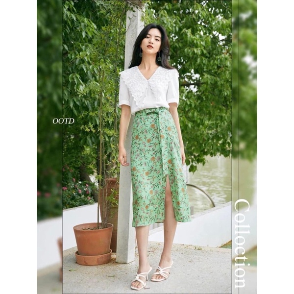 CHÂN VÁY MIDI XANH HOẠ TIẾT XẺ 1 BÊN