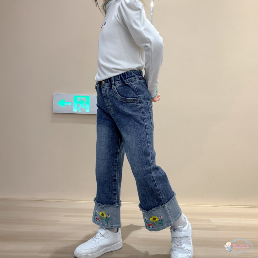Quần Jean Dài Thêu Họa Tiết Kiểu Hàn Quốc Thiết Kế Thoải Mái Cho Bé Gái