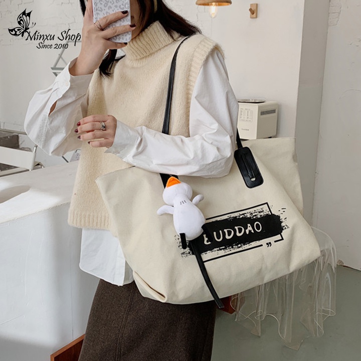 Túi vải canvas, túi đeo chéo loại to thời trang, đi học, đi chơi đựng đồ thoải mái, trẻ trung BUDDAO TV46
