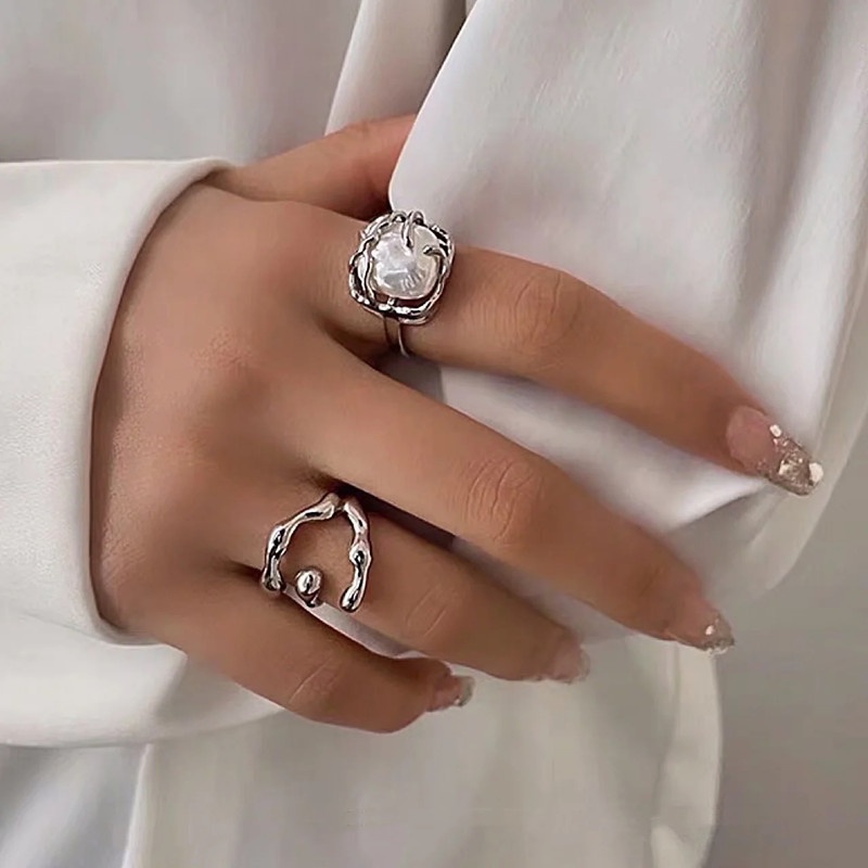 Nhẫn Kim Loại Đính Hạt Giả Ngọc Trai Thời Trang