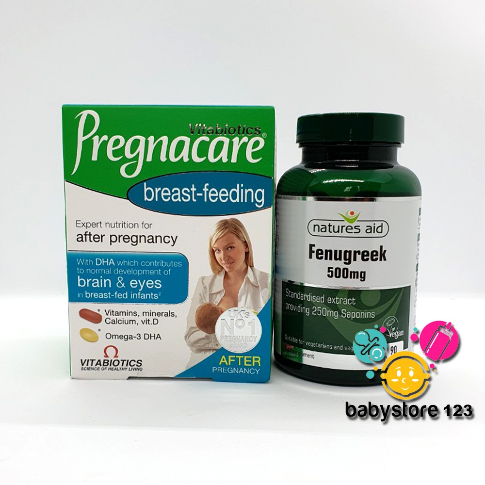 Combo Vitamin sau sinh Pregnacare breast feeding và cỏ Cà ri lợi sữa Fenugreek
