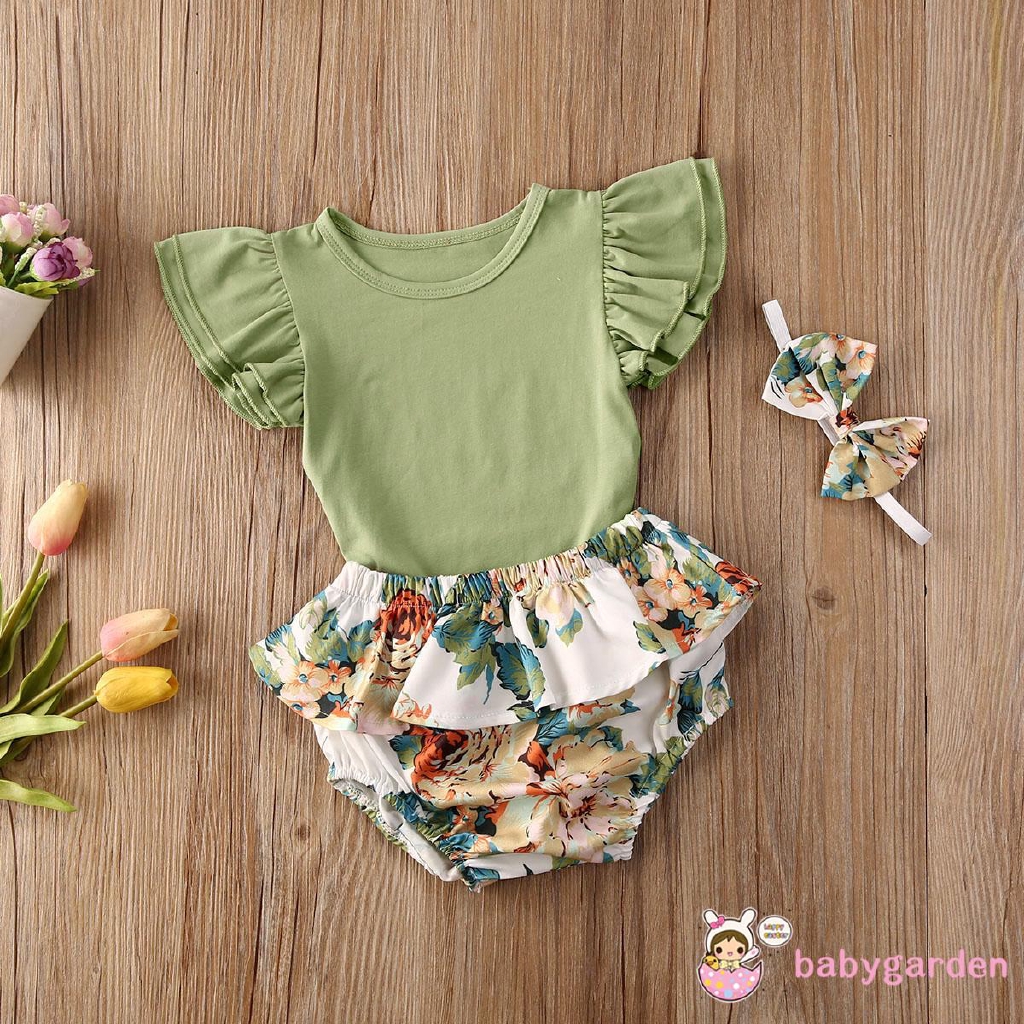 ღ♛ღBaby Girls Outfits 3-piece Set Fashion Flying Sleeve Jumpsuit + Floral Shorts + Bow Headband Set