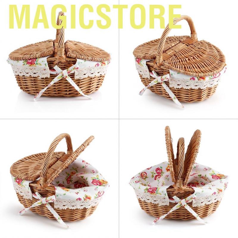 [Ready Stock] Magicstore Giỏ đựng đồ đi dã ngoại gắn nắp hai ngăn phủ vải in hoa dễ thương