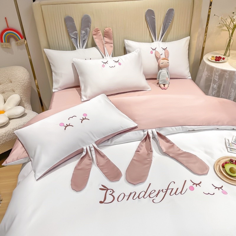 Bộ chăn ga gối phi lụa Tencel  tai thỏ đáng yêu mềm mịn,Bộ phi lụa tensel 4 món cực kì đáng yêu