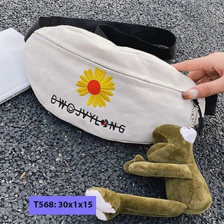 Túi bao tử vải bố đeo chéo unisex nam nữ hoa cúc kèm móc khóa cá tính
