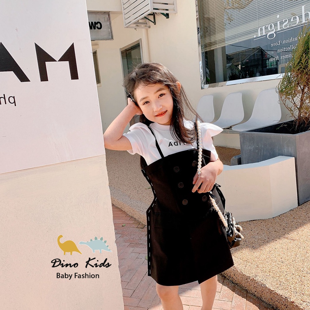 Váy 2 dây đen kèm áo thun cho bé gái, set váy yếm kaki đen 2 dây mảnh kèm áo cotton trắng tay bồng họa tiết YIDA cho bé