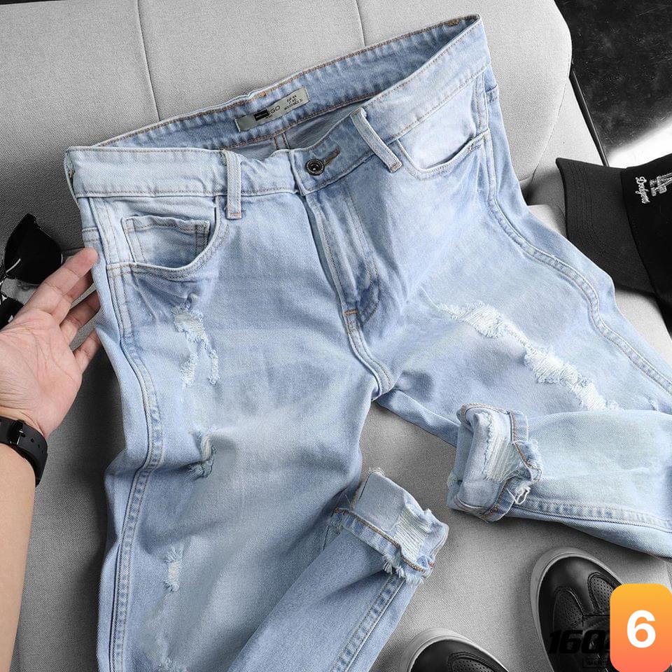 Quần jean nam màu xanh nhạt trơn rách gối chất liệu bò jeans cao cấp co dãn 4 chiều đẹp form rin skinny LAVADO37