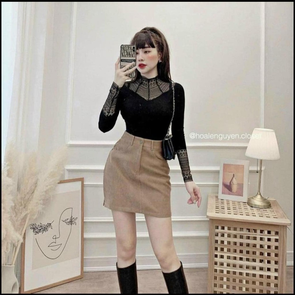Áo giữ nhiệt lót lông cổ ren phối tay ren sang chảnh