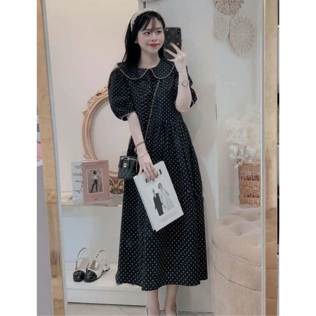 Váy bầu ngắn tay chấm bi cổ thủy thủ thời trang thiết kế công sở mặc đi chơi đi làm thoải mái Mom and Baby M540