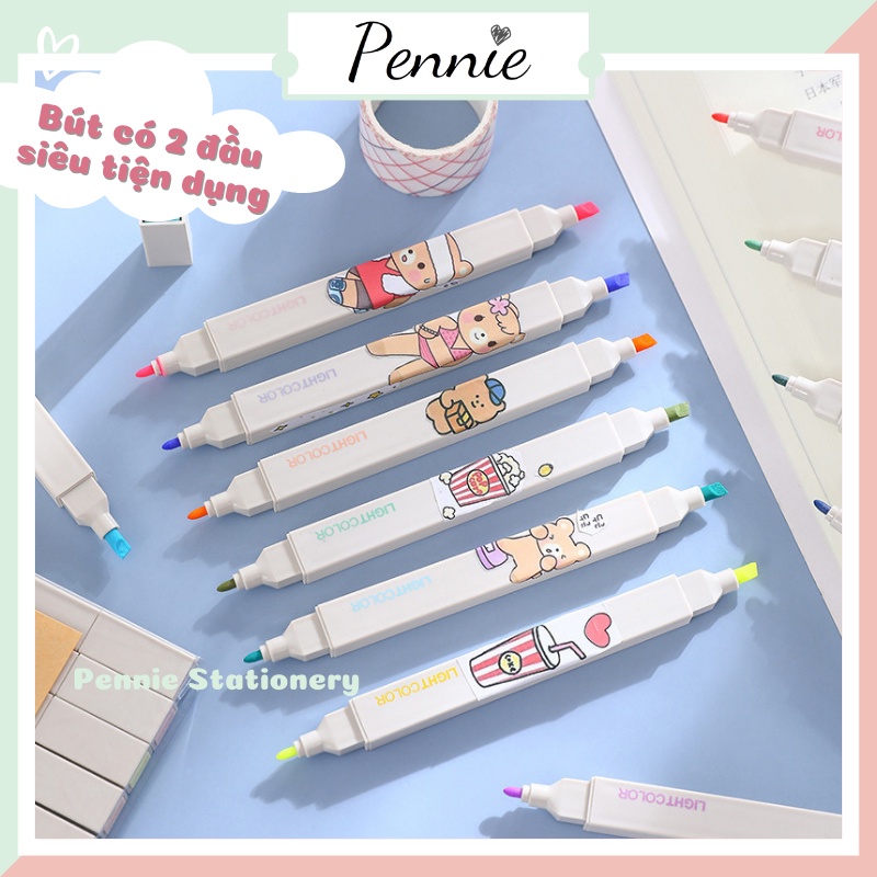 Set 6 bút highlight tone Pastel bút dạ quang thân vuông 2 đầu Pennie