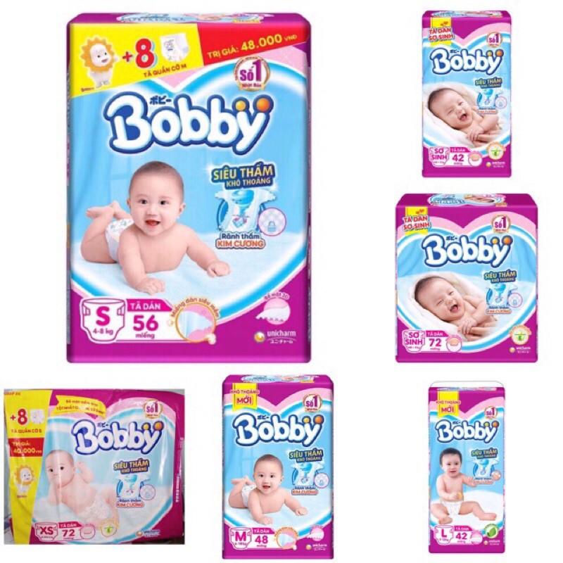 (Tặng 8 miếng) Tã Dán Bobby đur size XS42/ XS72, M48,L42,L68+8