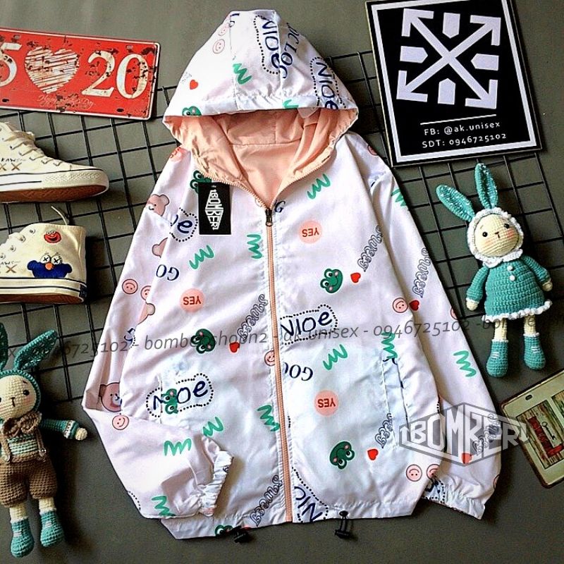 [Ảnh + video thật] Áo khoác dù 2 mặt nữ style cute phối hình in cực đáng yêu (Freesize - 2 mặt)