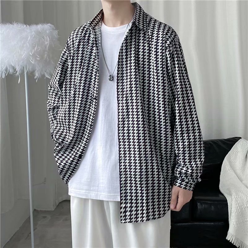 Áo Sơ Mi Tay Dài Dáng Rộng Kẻ Sọc Caro Trẻ Trung Phong Cách Hàn Quốc Cho Nam Size M-3Xl