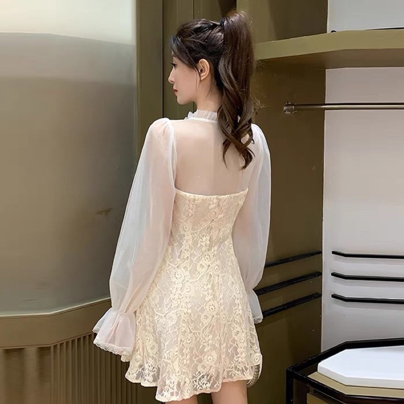 Váy ulzzang ren lưới kiểu tiểu thư tay loe/Đầm xoè công chúa dự tiệc bánh bèo điệu vintage đi tiệc