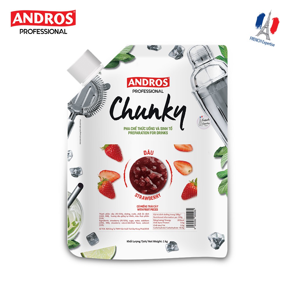 ANDROS - CHUNKY Dâu- Nguyên liệu pha chế - Mứt trái cây - Túi 1 kg