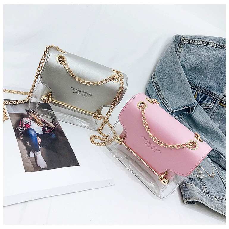 Túi xách nữ trong suốt Kèm túi nhỏ tiện lợi, dây đeo xích xinh xắn LS10087