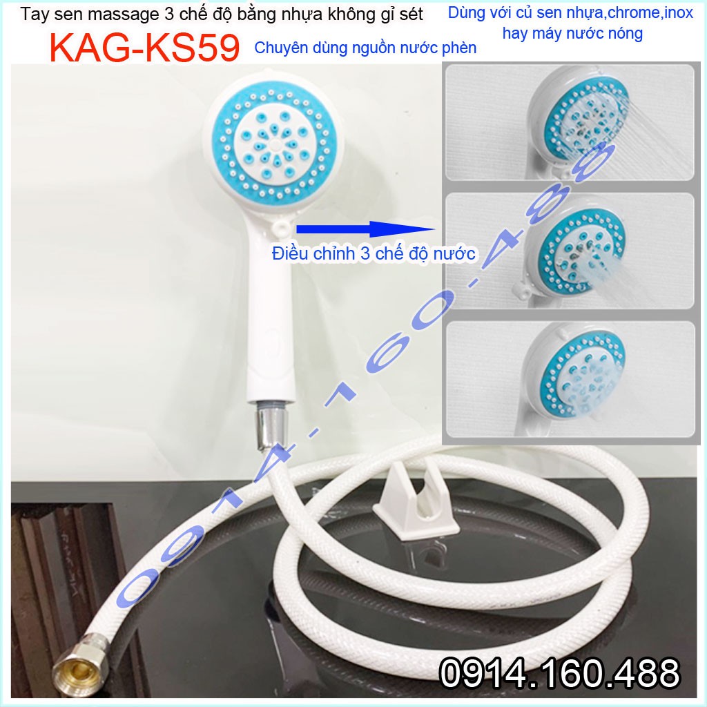 Vòi sen nhựa KAG-KS59 Shower head, trọn bộ bát sen nhựa 100% dùng vùng nước phèn không gỉ séc tia phun nước mạnh sử dụng