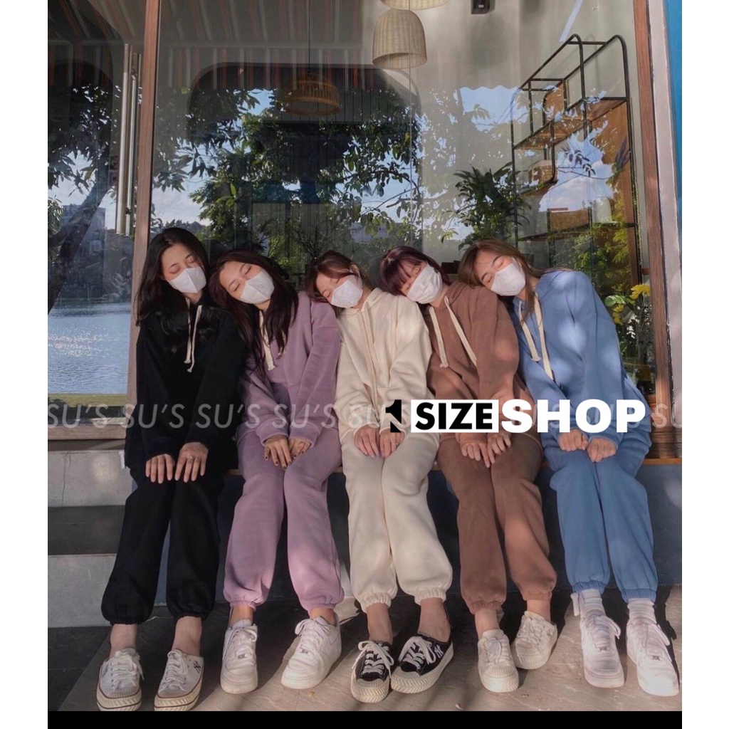 Bộ thu đông nữ nỉ trơn thụng nhiều màu áo hoodie quần vải form rộng trẻ trung năng động 1sizeshop