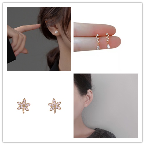 Khuyên Tai Mini Mạ Bạc 925 Hình Lá Phong Đính Đá Thời Trang Cho Nữ