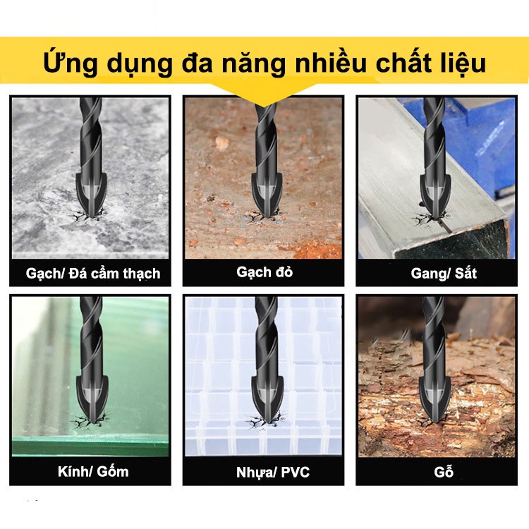 Bộ 5 mũi khoan đa năng chân lục giác 4 cạnh thép đen Nhật, khoan sắt, khoan kính thủy tinh, gạch men đá gốm