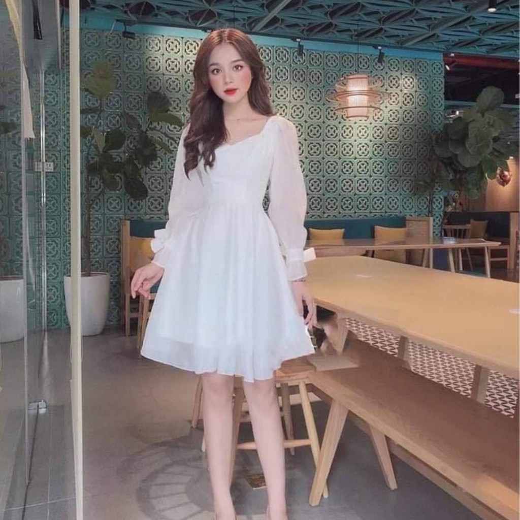 Đầm trắng dáng xòe cổ vuông phối nút bọc tay nơ [KÈM ẢNH THẬT] | BigBuy360 - bigbuy360.vn