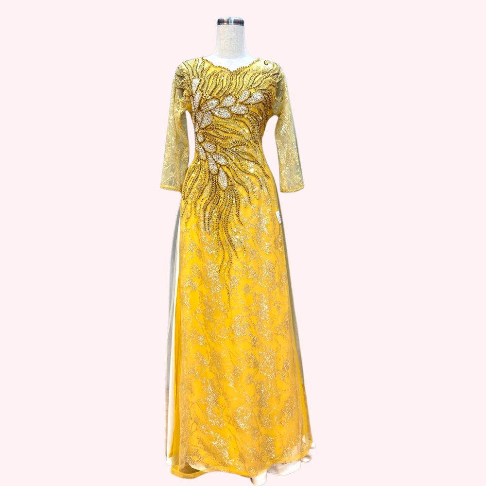 Áo Dài Bà Sui Cao Cấp Kim Sa 6 tà đính kết pha lê xịn và hạt cườm chiếc áo sáng và sang trọng cho bà sui