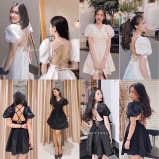 Đầm đan dây lưng tay phồng có mút ngực