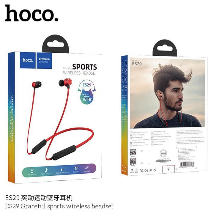 TAI NGHE BLUETOOTH THỂ THAO ES29 CHÍNH HÃNG HOCO NAM CHÂM DÍNH, CHỐNG NƯỚC CHUẨN IPX5 ĐEN