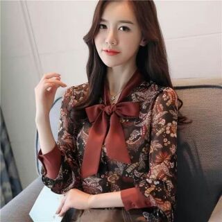 Sơmi hoa nữ cổ thắt nơ